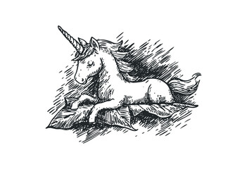 Scribbled illustration of a resting unicorn with majestic horn. Vector retro hand drawn illustration