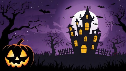 Spooky halloween night scene with haunted house glowing pumpkins and bats silhouetted
