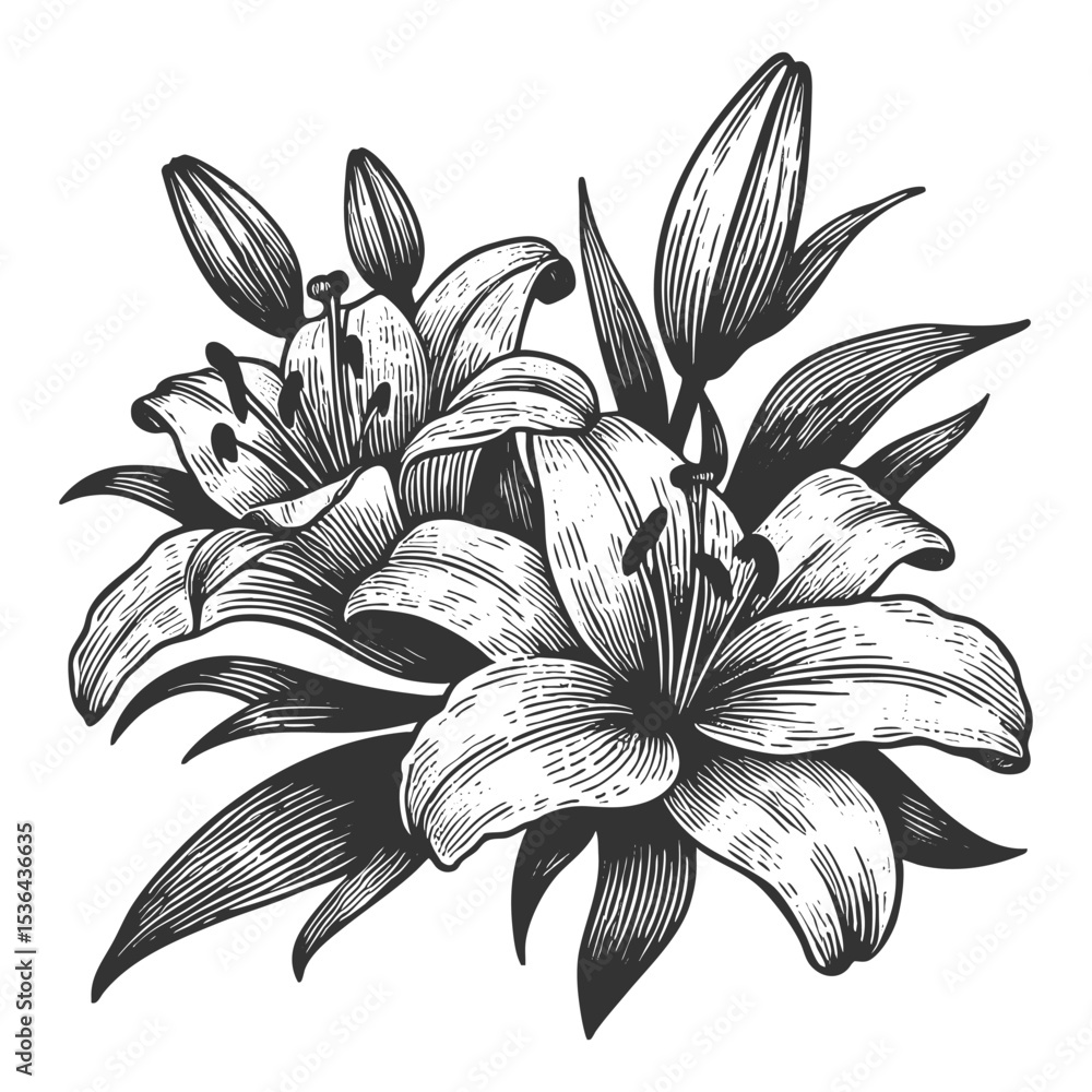 Poster lily flower sketch engraving generative ai fictional character vector illustration. scratch board im