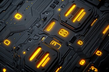 Close-up of futuristic circuit board with glowing orange accents