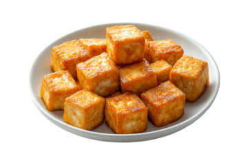 Plate of fried tofu cubes isolated on transparent background