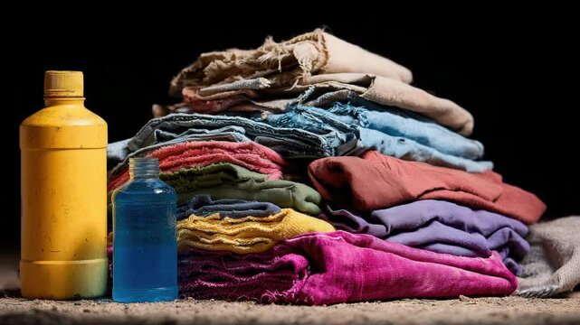 Stack of colorful folded fabric, textile, cotton, and linen with frayed edges, creatively arranged beside yellow plastic bottle and small blue liquid bottle, vibrant stack of folded fabric