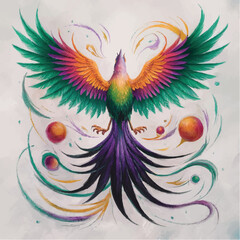 Obraz premium A vibrant abstract bird illustration in flight, featuring multicolor wings with green, orange, and purple hues, swirling decorative elements, fantasy style.