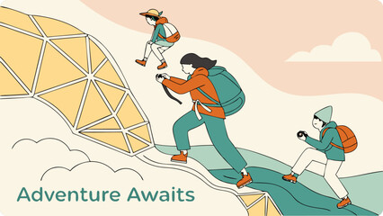 A family of three hikes up a mountain, enjoying an adventurous journey together