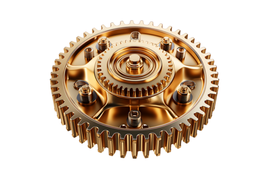 Gold engine gear isolated on transparent background.