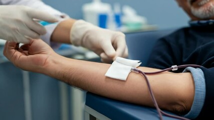 Blood Donation Medical Procedure with Healthcare Professional and Patient Arm Close-Up Video - Powered by Adobe