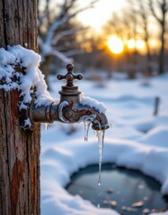 Frozen water tap dripping winter landscape nature photography cold environment close-up view seasonal beauty