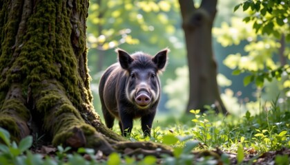 Fototapeta premium Wild boar roaming in lush forest nature photography serene environment close-up view