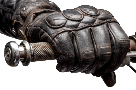 A tight shot of gloved hands gripping motorcycle handlebars throttle slightly twisted with textured leather and metal details. Pure White studio and transparent background backdrop. 