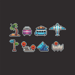 this is travel icon set in pixel art with colorful color and black background ,this item good for presentations,stickers, icons, t shirt design,game asset,logo and your project.