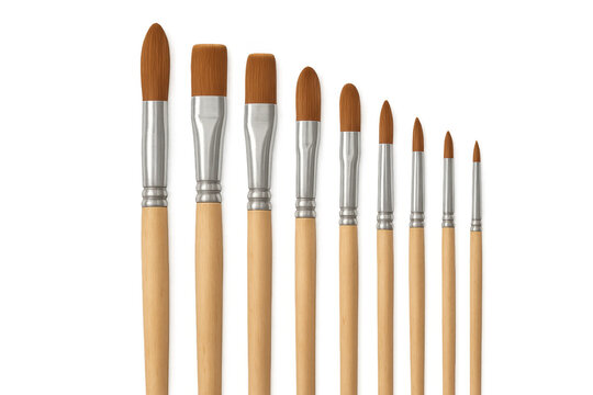 Varied paintbrush sizes standing vertically, displaying artistic potential against transparent backdrop