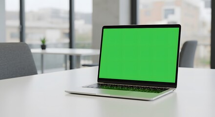 Modern Laptop with Green Screen in Modern Office Space