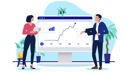 Two business professionals analysing a financial chart showing growth on a large computer screen, representing market trends, investment performance, or sales data. Flat design vector illustration