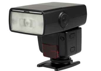 External Camera Flash Unit Closeup View of a Compact Black Flash Device with LED Lighting isolated on transparent baackground