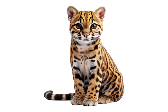 Ocelot sitting on ground isolated on transparent background