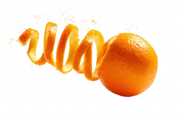 A vibrant orange with its peel spiraling away, captured in a dynamic splash of citrus juice against a clean transparent background with bright studio lighting.