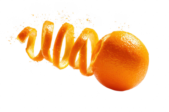 A vibrant orange caught mid-peel with a long spiraling zest strip curling away from the fruit juice mist frozen in the air. Centered in a White studio and transparent background