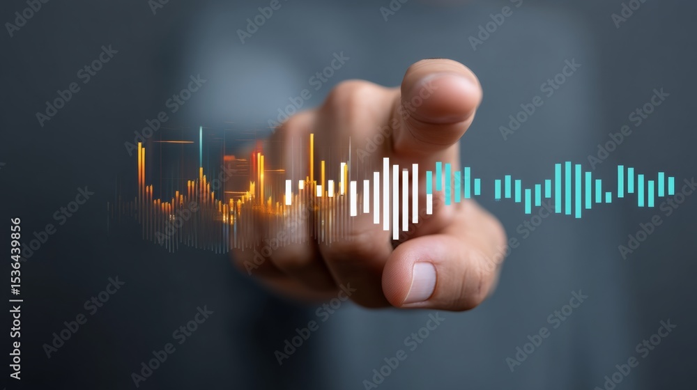 Poster hand pointing at a graph with a blue line. the graph is a representation of sound waves