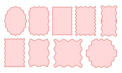 Whimsical Coquette wavy edge stickers rectangle, oval and circle shapes. Vector jagged geometric designs. Abstract elements perfect for frames, stamps, templates, promotional design