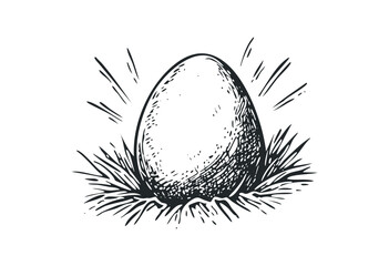 Hand-drawn egg illustration in nest with radiating lines. Vector retro hand drawn illustration