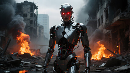 Powerful cyborg standing amidst destruction and flames in a post-apocalyptic city
