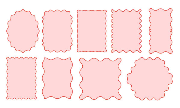 Whimsical Coquette wavy edge stickers rectangle, oval and circle shapes. Vector jagged geometric designs. Abstract elements perfect for frames, stamps, templates, promotional design