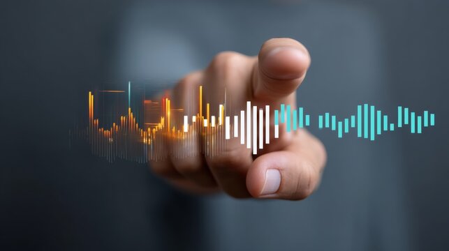 Hand pointing at a graph with a blue line. The graph is a representation of sound waves