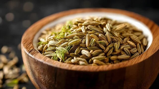 A wooden bowl filled with cumin seeds, with some seeds scattered around it.