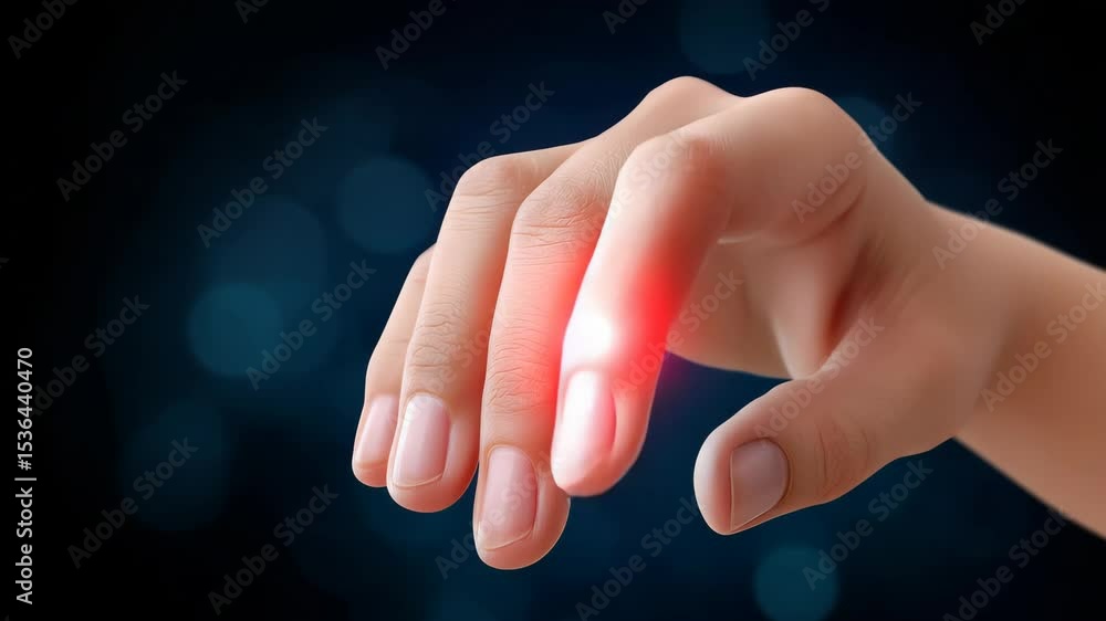 Poster close-up of a human hand with a glowing red light emanating from the fingertip against a dark bokeh 