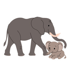 Cartoon elephant mother and baby, cute wild animals, flat vector illustration, hand drawn African safari family, isolated on white background, simple wildlife design for kids. Vector illustration