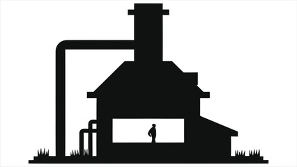 (Heat Treatment Furnace)Vector Silhouette of an industrial building with a person inside./A simple, impactful silhouette of a factory or industrial building.