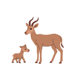 Cute antelope mother and baby, flat vector illustration, African wild animals, cartoon safari family, isolated on white background, simple wildlife design for children. Vector illustration