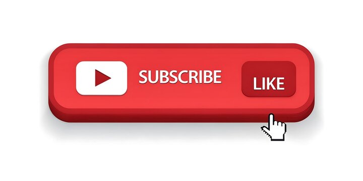 Red subscribe and like buttons with play icon and cursor for social media - Powered by Adobe