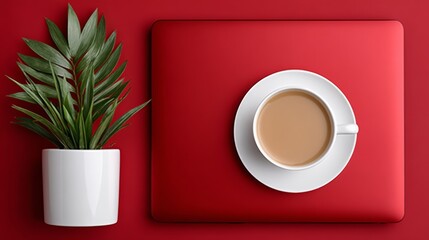 White coffee cup sits on a red surface next to a potted plant. Concept of relaxation and comfort, as the coffee cup and plant are both associated with leisure and rest