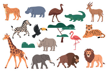 Naklejka premium African animals collection, flat vector illustration. Cheetah, hippo, ostrich, crocodile, antelope, zebra, toucan, acacia tree, rhino, flamingo, giraffe, elephant, bison, lion, tiger, isolated on