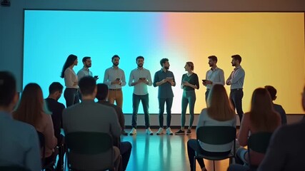 Team presenting ideas on stage with colorful gradient screen during corporate event