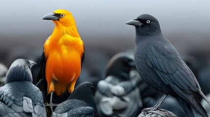 Fototapeta premium Two birds, one black and one yellow, are standing next to each other. The black bird is looking at the camera, while the yellow bird is looking away. The scene is a close-up of the birds