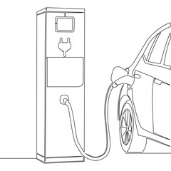 Continuous one single line drawing Electric Car Charging Station Sustainable Transportation and Clean Energy icon vector illustration concept