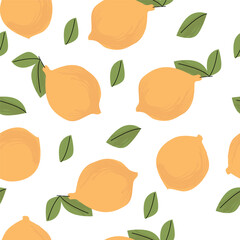 Seamless pattern with hand drawn lemons and green leaves, bright yellow citrus fruit, flat vector illustration, white background, summer fruit design for fabric, textile, packaging. Vector