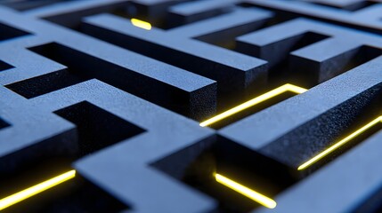 An abstract, geometric maze with intricate patterns and glowing lines, representing the interconnected and multifaceted nature of modern life and its challenges.