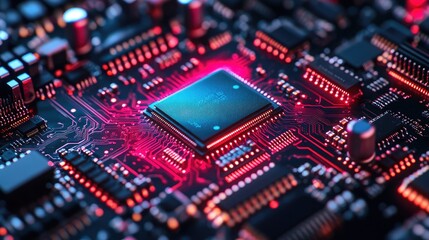 Fototapeta premium Close up of a complex circuit board with blue and red lighting illuminating the components