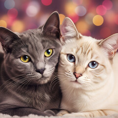 Two adorable cats cuddling close with each other and glimmering bokeh background