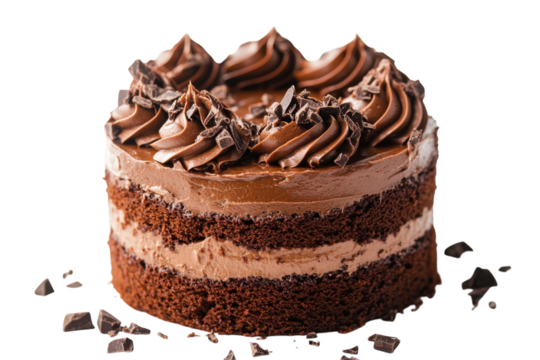 Indulgent triple layer chocolate cake with decadent frosting and shavings Sweet satisfaction on isolated on transparent background. Generative Ai.