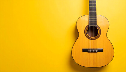 Naklejka premium Acoustic Guitar Against Yellow Background Highlighting Warm Tones