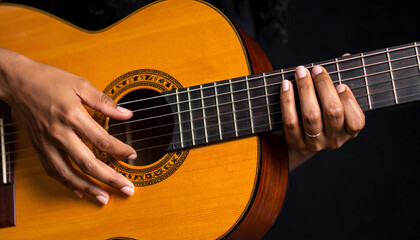 Fototapeta premium Person Playing Acoustic Guitar with Tattooed Wrist in Dark Setting