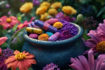 Pills, powder, and flowers are arranged in a dark stone pot. Can be used for wellness, alternative medicine, or natural supplement ads.