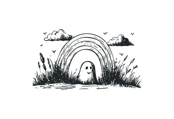 Cute ghost under a rainbow with clouds and grass in sketch style. Vector retro hand drawn illustration