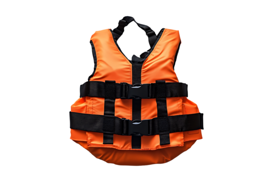 Orange color life jacket for kids isolated on transparent background