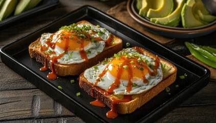 Two toasted slices of bread topped with fried eggs and sriracha sauce, garnished with green onions.  Avocado slices visible in the background