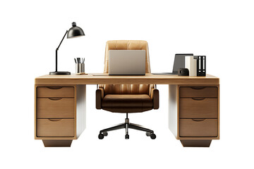 office desk with laptop chair and lamp isolated on transparent background